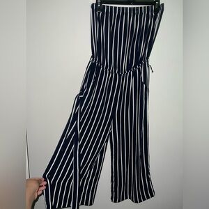 Ambiance Blue and White Striped Jumpsuit with Wide-Leg Fit petite